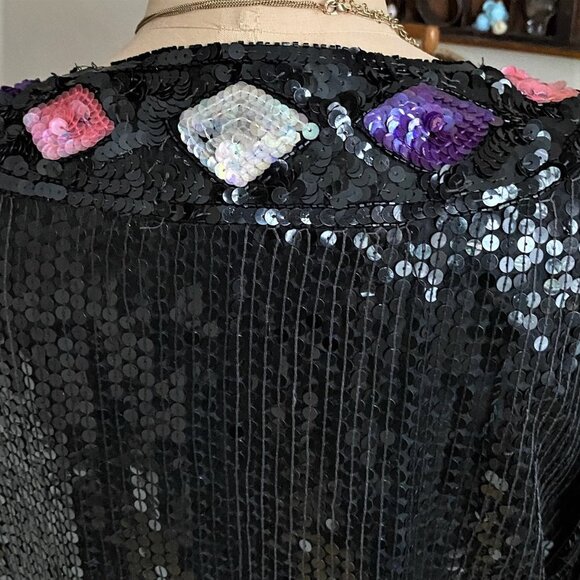 Vintage 80s sequins beaded sparkly jacket kimono cardigan, silk - Picture 3 of 16